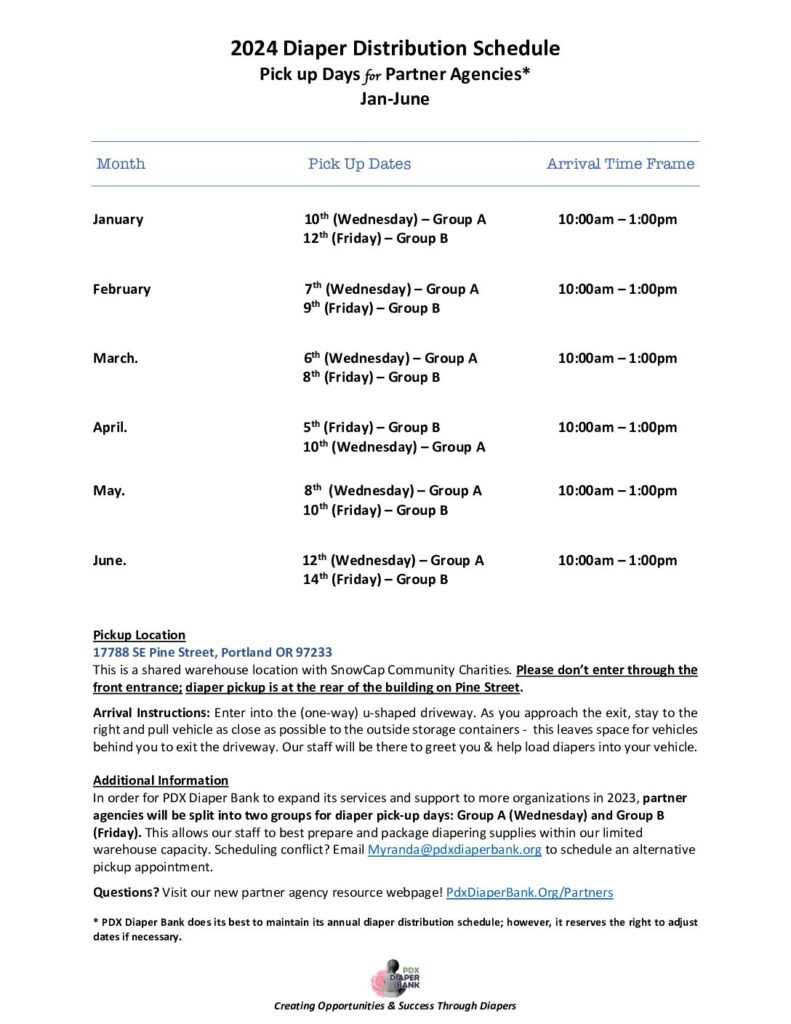 2024 Diaper Distribution Schedule (6 month) PDX Diaper Bank