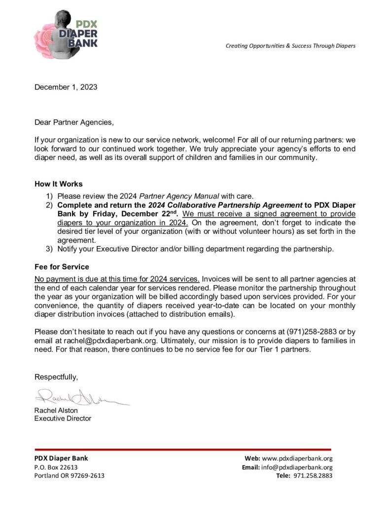 2024 Partnership Letter PDX Portland Diaper Bank